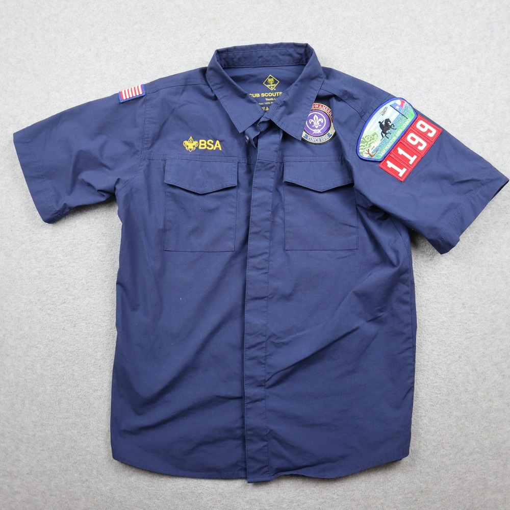Cub Scouts BSA Shirt Youth Large Navy Blue Sam Houston Area Council Patches 1199